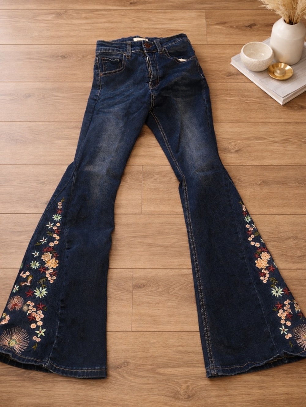 BAMBOO Dark Blue Flare Jeans with Multicolor Floral Embroidery